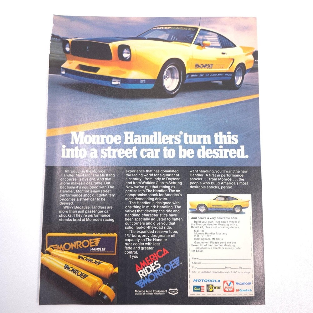 Ford Mustang Vintage Print Ad Street Monroe Handlers Performance Shock Retro Art
